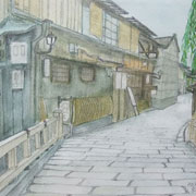 京都の町を描いた水彩画